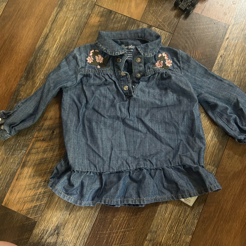 Wrapper Blue Denim Kids Dress with Floral Embroidery